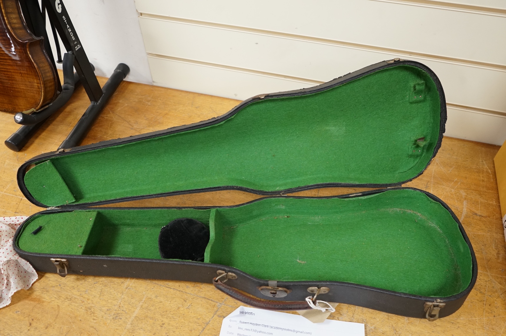 A late 19th century violin, with label for J.B. Schweitzer, 7/8 size, no bow, in case